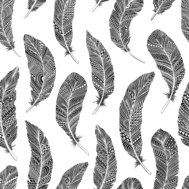 Seamless pattern tribal feathers decoration ethnic boho style hand drawing