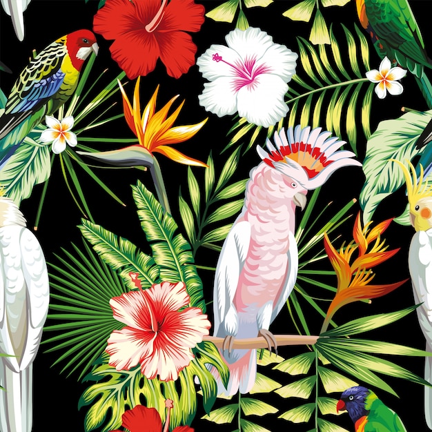 Seamless pattern tropic exotic multicolor birds parrot, macaw with tropical plants, banana palm leaves, flowers strelitzia, hibiscus