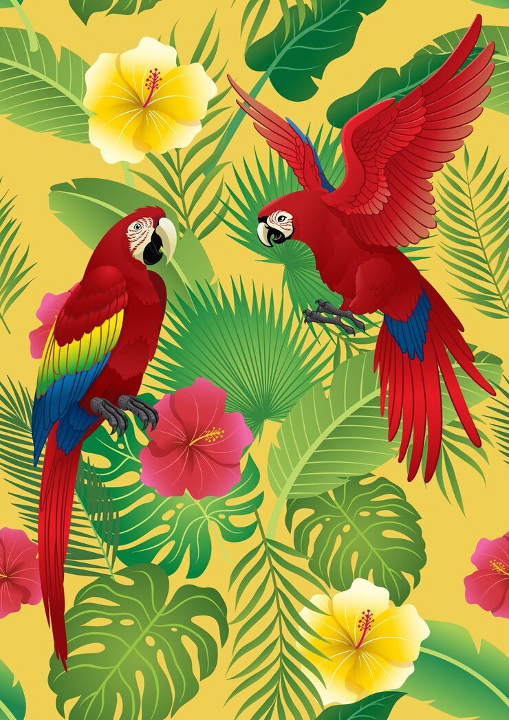 Vector seamless pattern tropical design and red macaw bird