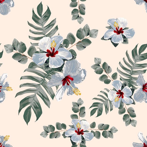 Vector seamless pattern tropical floral with white hibiscus flowers abstract background