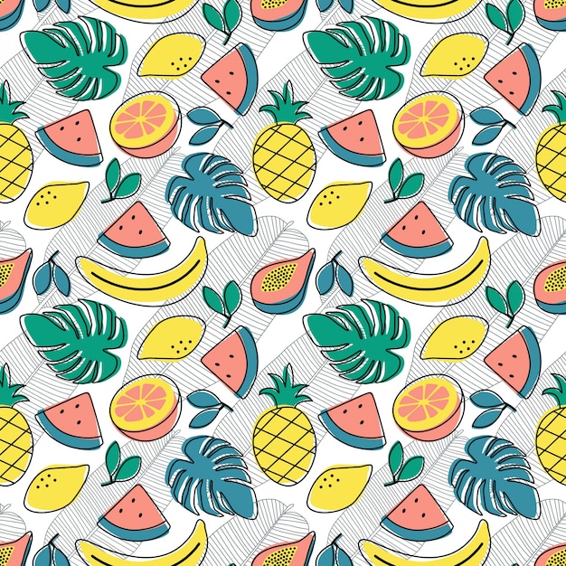 Seamless pattern tropical fruit banana watermelon papaya lemon orange monstera