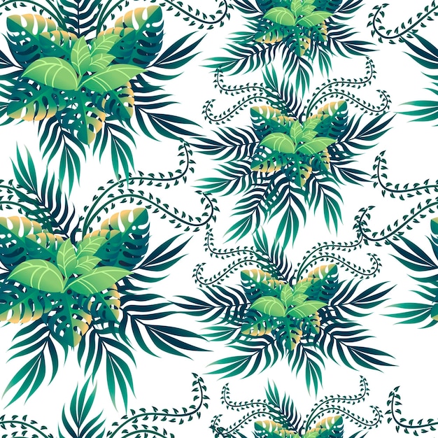 Seamless pattern of tropical green leaves with different shape flat vector illustration on white background.