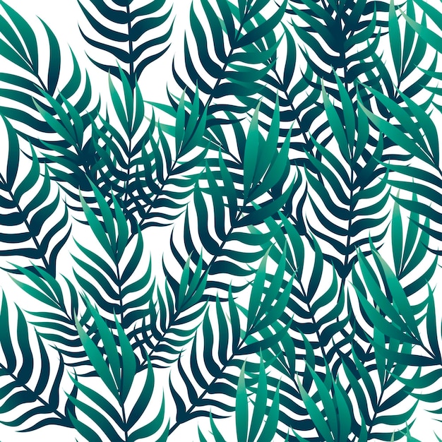 Seamless pattern of tropical green leaves with different shape flat vector illustration on white background.