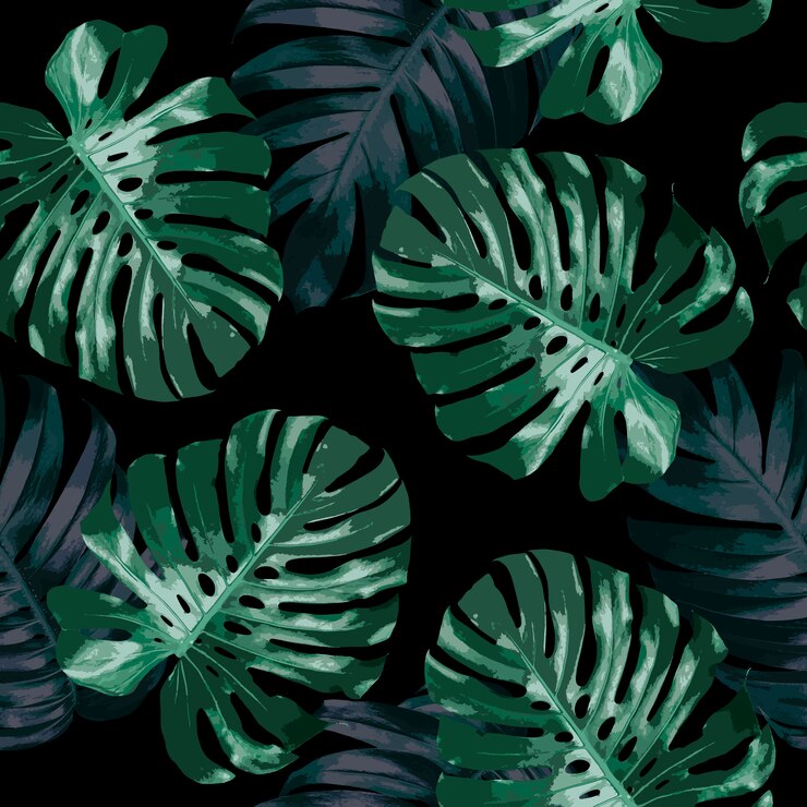 Vector seamless pattern of tropical leaves on black 