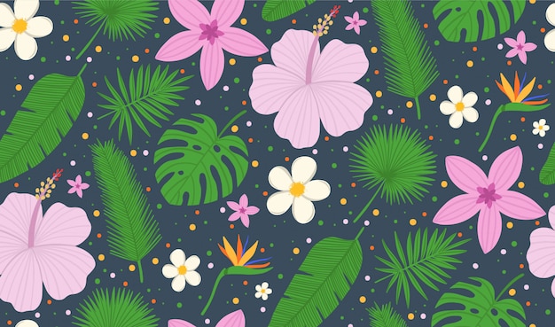 Seamless pattern tropical leaves of palm tree and flowers