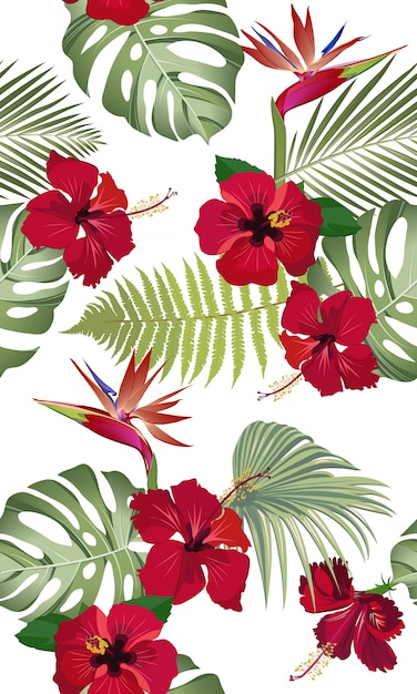 Seamless pattern tropical leaves with red hibiscus flower and bird of paradise