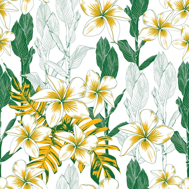 Seamless pattern  tropical nature background with hand draw floral and leaves