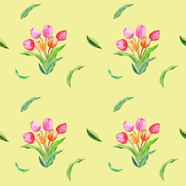 Vector seamless pattern of tulips on a yellow background