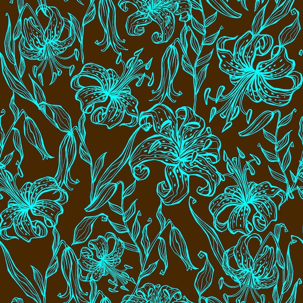 Seamless pattern of turquoise lilies