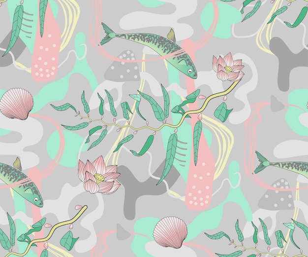 Seamless pattern of underwater sealife in pastel colors