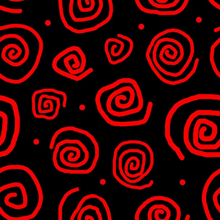 Vector seamless pattern. uneven red spirals on a black background.