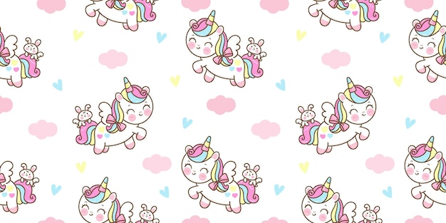 Seamless pattern unicorn pegasus cartoon with bunny rabbit kawaii animal