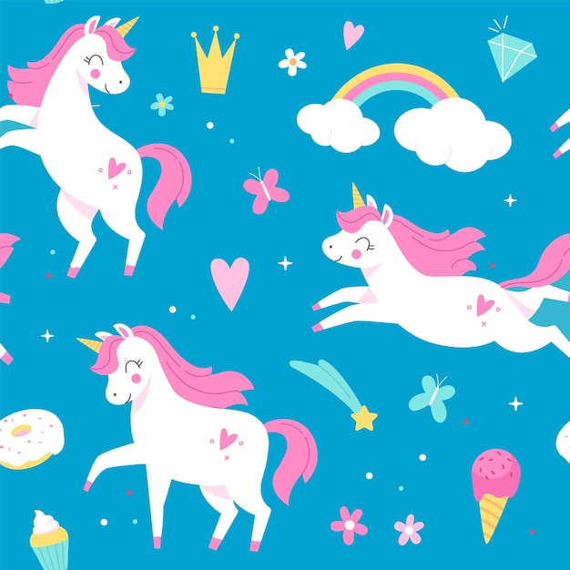 Premium Vector | Seamless pattern unicorns magical horses rainbow ...