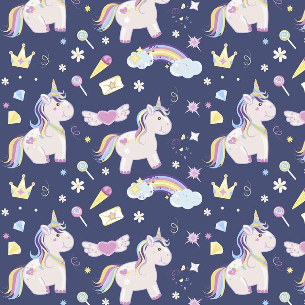 Seamless pattern unicorns with rainbow ice cream hearts and other elements vector illustration