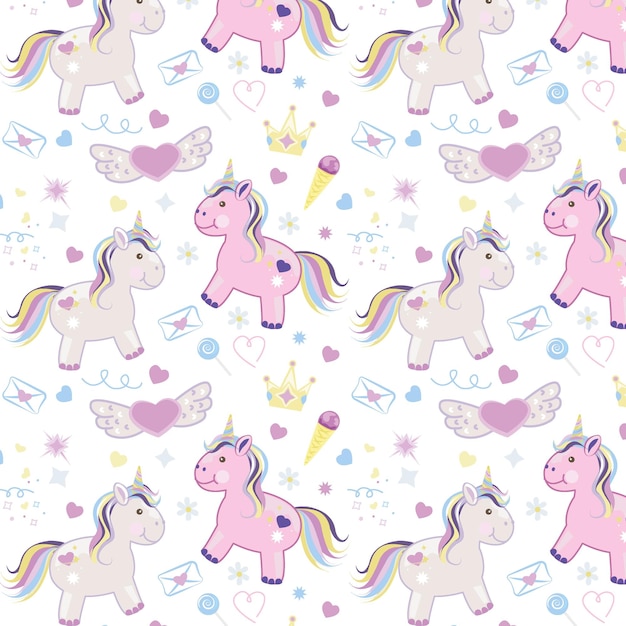 Seamless pattern unicorns with rainbow ice cream love hearts Vector illustration