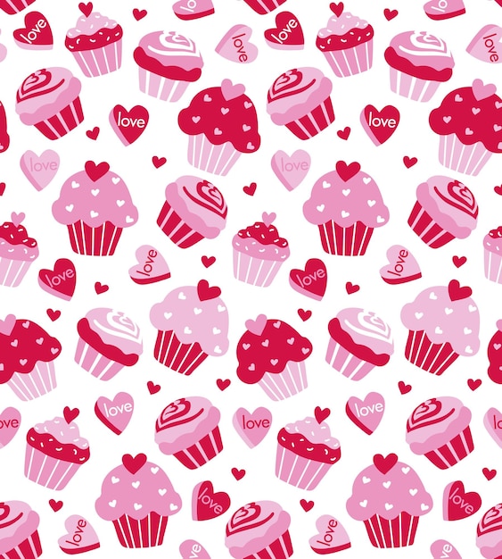 Seamless Pattern of Valentine's Cupcakes with Red and Pink Hearts