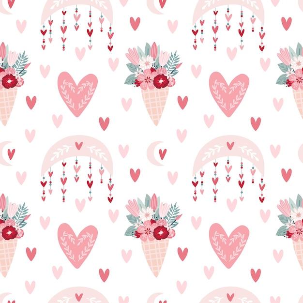 Seamless pattern valentine's day in boho style. bohemian romantic pattern happy valentine day. boho rainbow, heart and flowers. vector