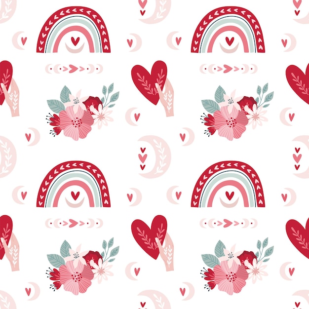 Vector seamless pattern valentine's day in boho style. bohemian romantic pattern happy valentine day. boho rainbow, heart and flowers. vector