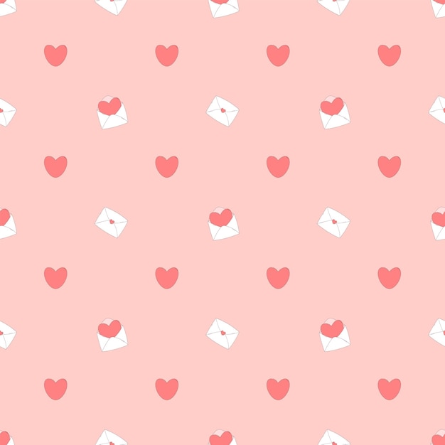 バレンタインデーの装飾用のシームレスなパターン。ピンクのハートの白い封筒。ベクトル図
