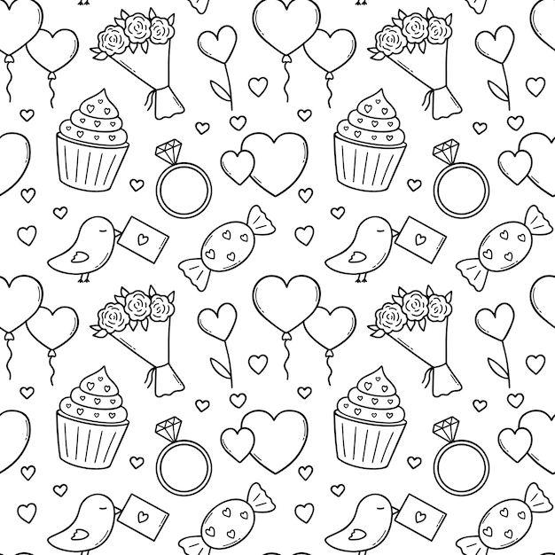 발렌타인 데이 낙서의 원활한 패턴은 스케치 스타일의 사랑 요소를 설정합니다.