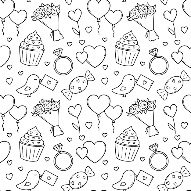 Modello senza cuciture del set di doodle di san valentino elementi d'amore in stile schizzo