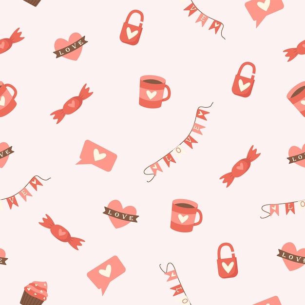 Vector seamless pattern for valentine's day - heart, candy, cup, lock.