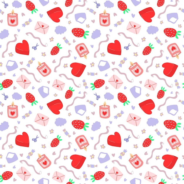 Seamless pattern for Valentine's day Heart strawberry envelope ribbons candy cloud flowers candle