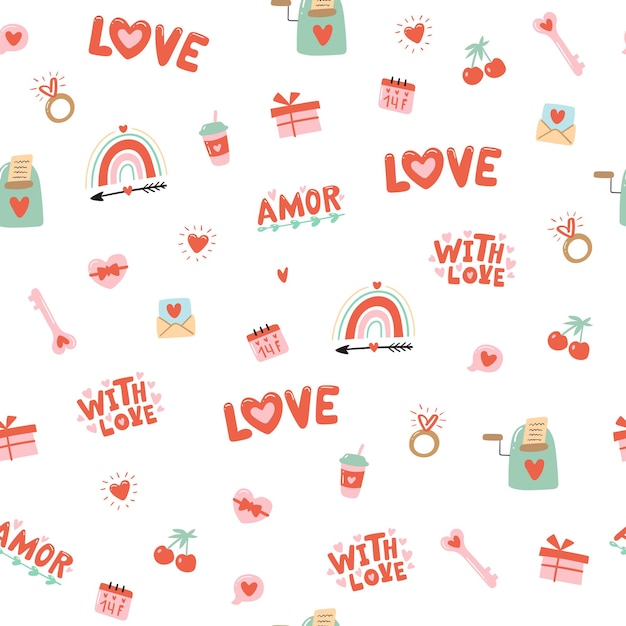 Modello senza cuciture per san valentino con cuore e altri elementi su sfondo bianco. san valentino, matrimonio e concetto di amore. illustrazioni vettoriali