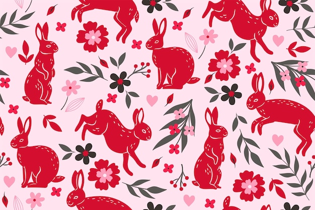 Seamless pattern for valentine s day with rabbits and flowers