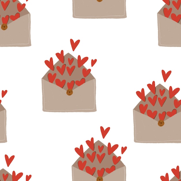 Seamless pattern Valentines Envelope with red Hearts