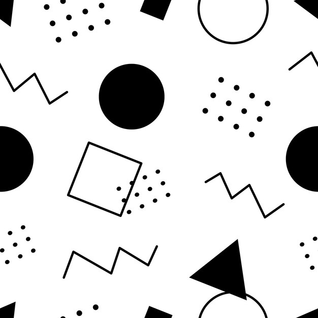 Бесшовный узор, различные геометрические фигуры на белом фоне - векторные иллюстрации