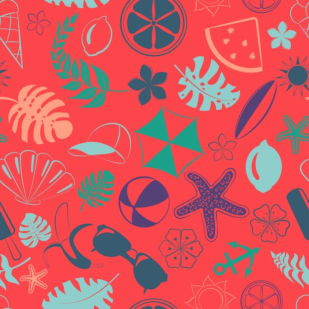 Seamless pattern of various items related to summer holidays at sea multicolored on red background