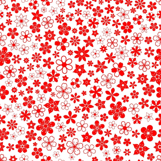 Seamless pattern of various small flowers in red colors