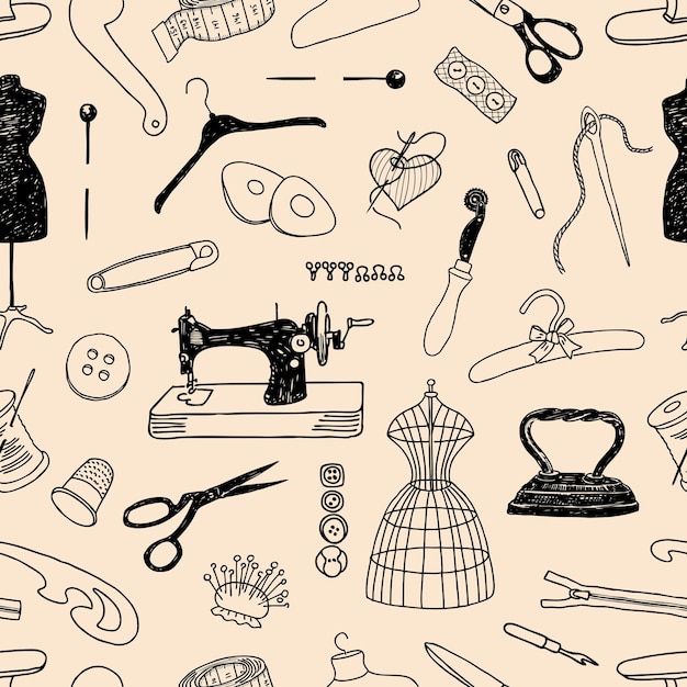 Seamless pattern of various symbols of sewing