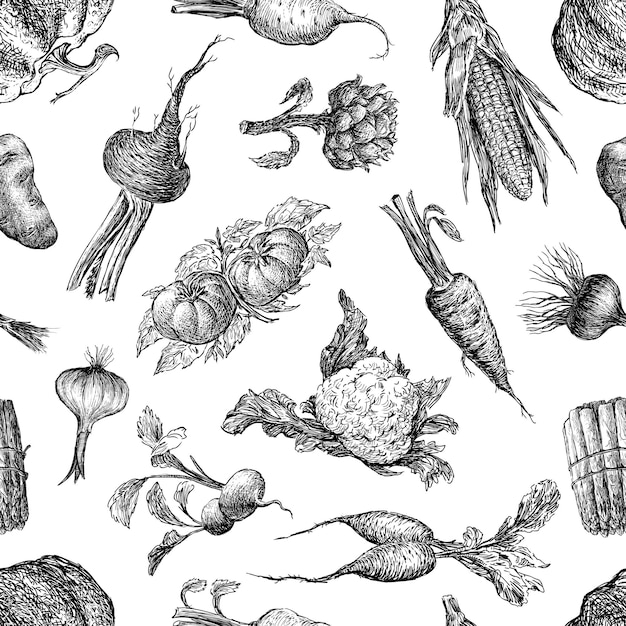 Seamless pattern of a various vegetables sketches