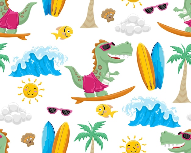 Бесшовный векторный рисунок элементов пляжного летнего отдыха с динозаврами для серфинга