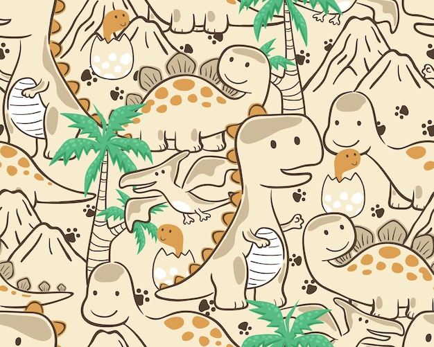 Seamless pattern vector of cartoon dinosaur with prehistoric element