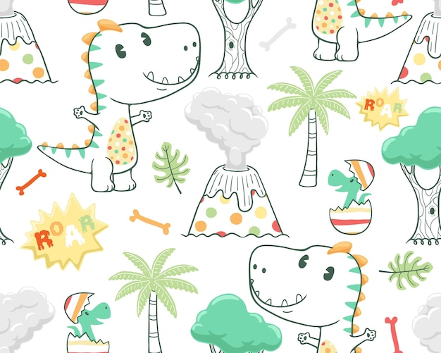 Seamless pattern vector of cartoon dinosaur with prehistoric elements