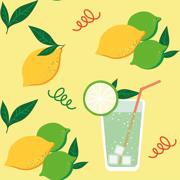 seamless pattern, vector, citrus drink in a glass with ice, and a slice of lime,  yellow background