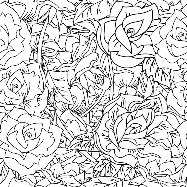 Seamless pattern vector contour roses flower illustration