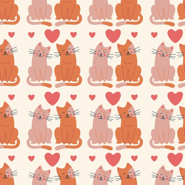 Seamless pattern Vector design with cats and hearts suitable for Valentine's Day