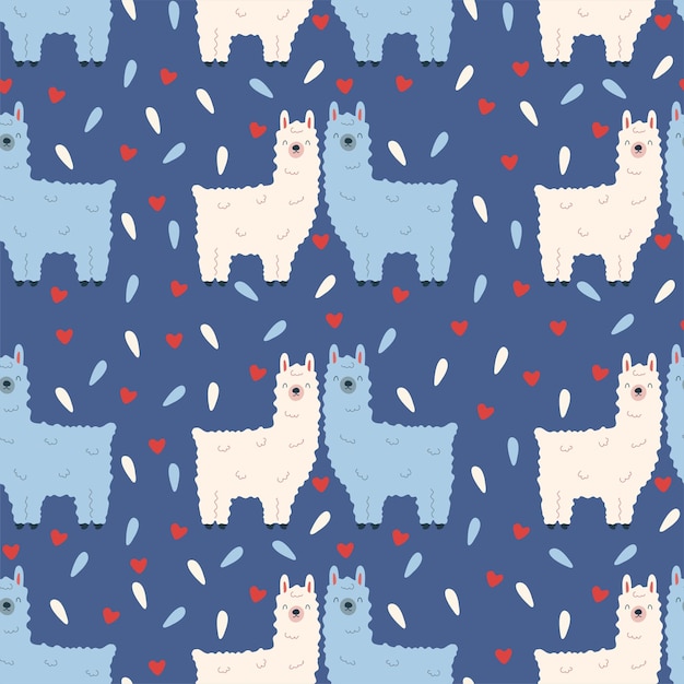 Seamless pattern Vector design with llamas and hearts suitable for Valentine's Day