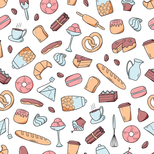 Seamless pattern Vector elements of sweet snacks and pastries, coffee dishes. Excellent for decorating cafes and menus. Doodle icon style.