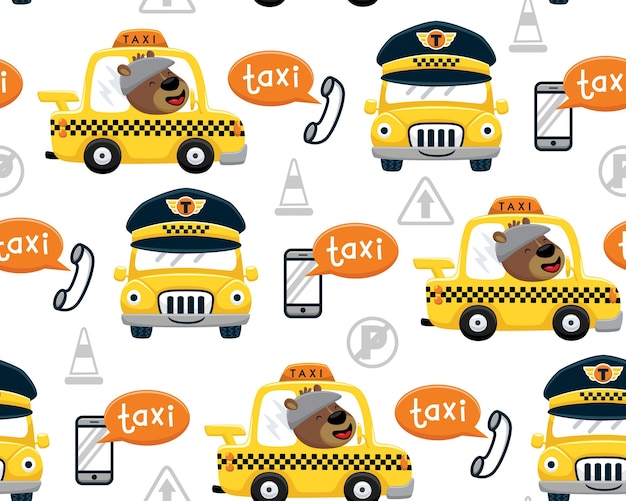 Vettore senza cuciture del fumetto divertente dell'orso che guida un taxi giallo con apparecchiature di telecomunicazione e segnali stradali