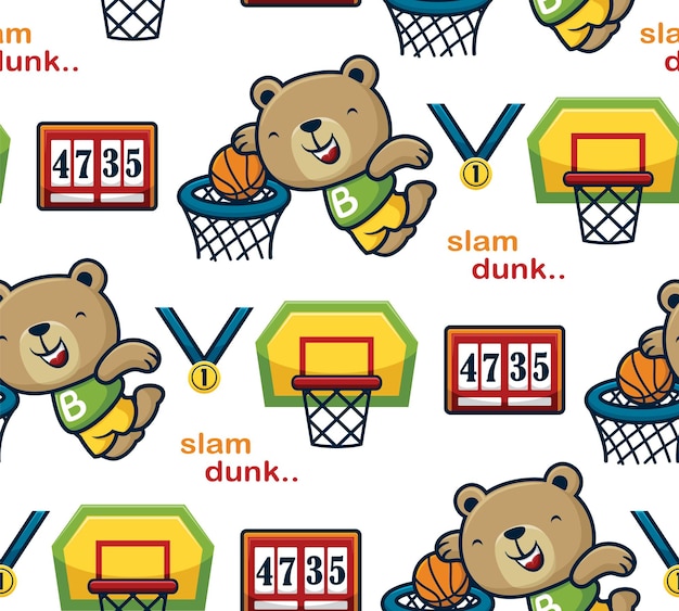 Seamless pattern vector of funny bear playing basketball with basketball elements