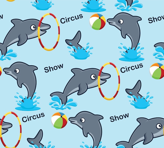 Seamless pattern vector of funny dolphins in circus show