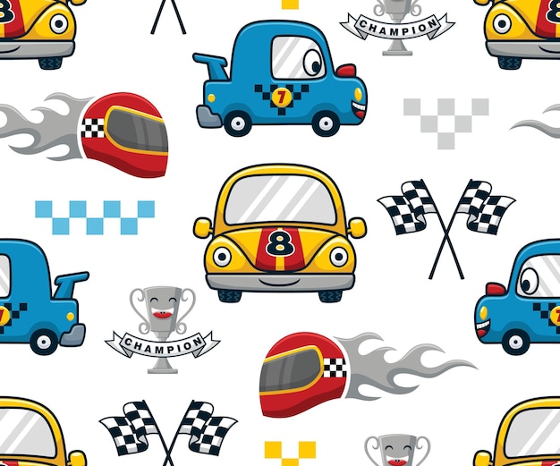 Vector seamless pattern vector of funny racing car cartoon with racing elements