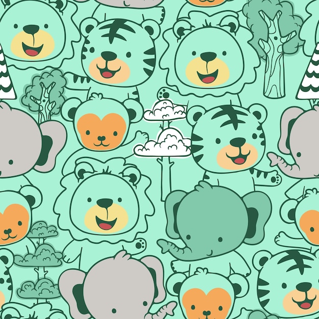 Seamless pattern vector of funny safari animals in contour line art style