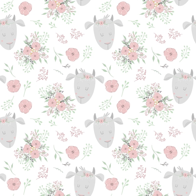 Seamless pattern vector goat with flowers