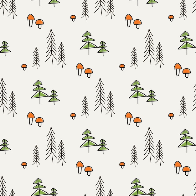 Vector seamless pattern vector illustration of a forest with green pines and brown mushrooms